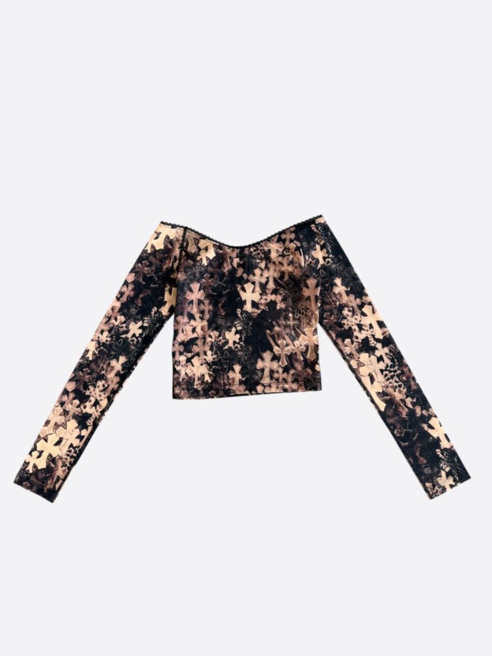 Chrome Hearts Brown All Over Cross Print Mesh Longsleeve Top - Picture 2 of 7